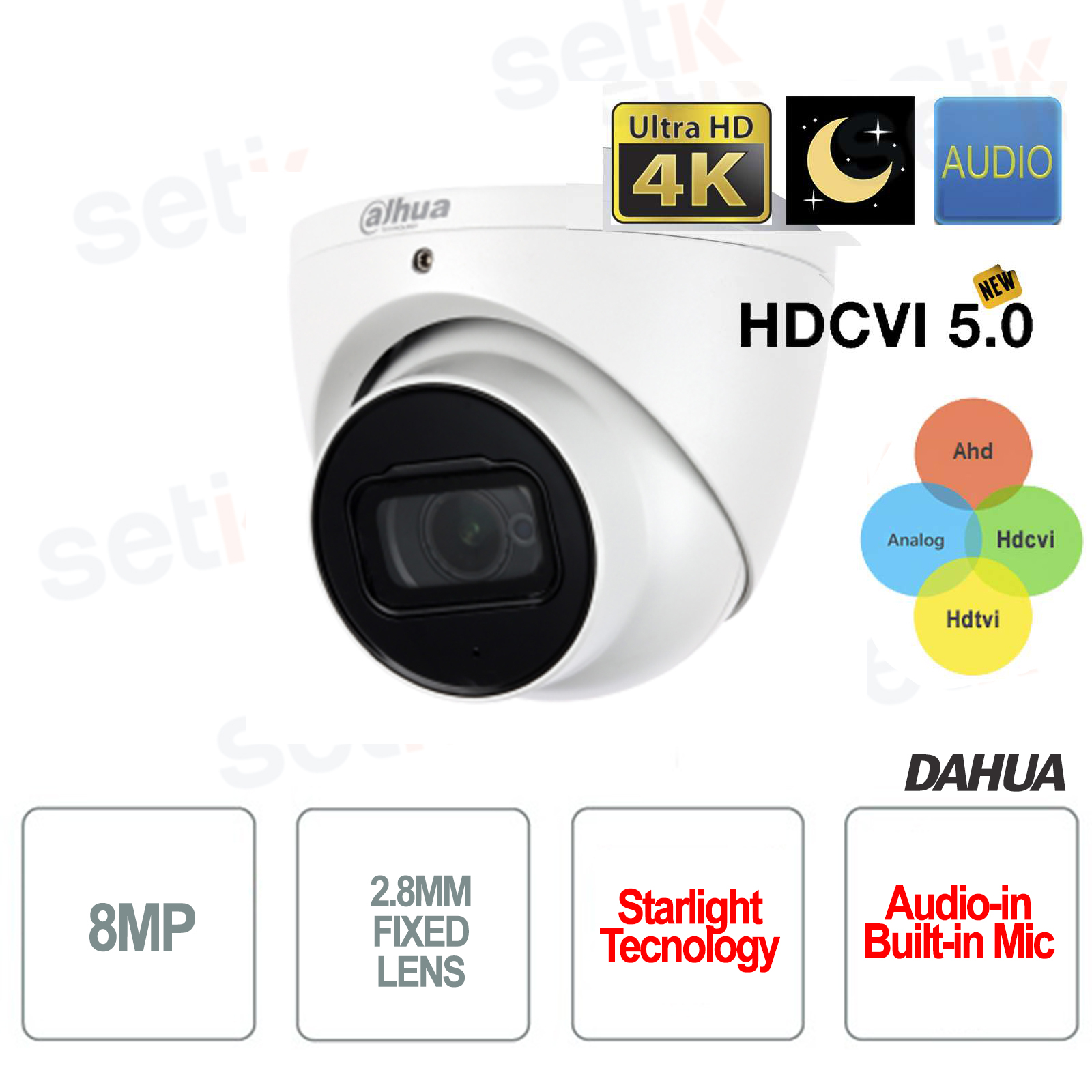 HAC HDW2802T A S2 Telecamera Dahua Dome 4in1 8MP Starlight Audio IR 2