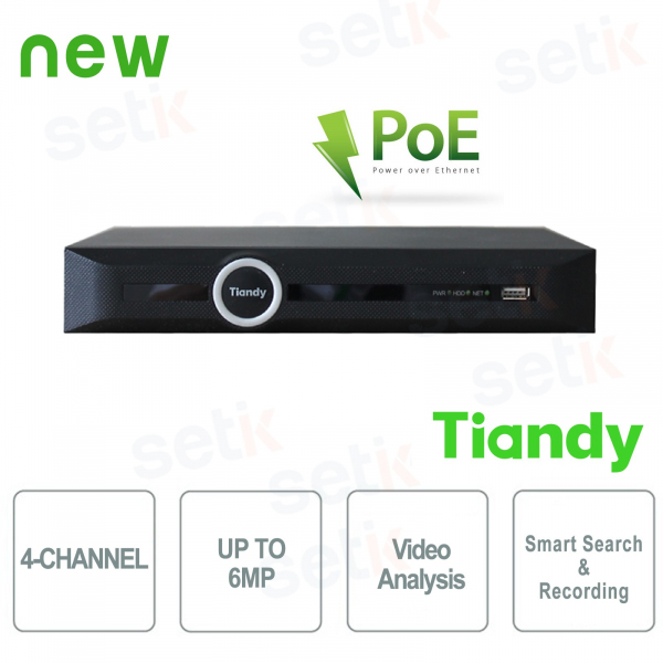 NVR 4 Canali 6MP PoE 1HDD Video Analisi e Smart Search&Recording -Tiandy