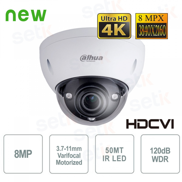 Telecamera Dome 4K 8MP con Ottica 3.7-11mm, Zoom 3x e IR 100m - Dahua