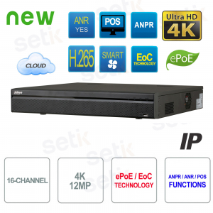 Grabador NVR IP ONVIF® 16 canales 4K y H.265 16PoE ePoE EoC 4HDD Dahua