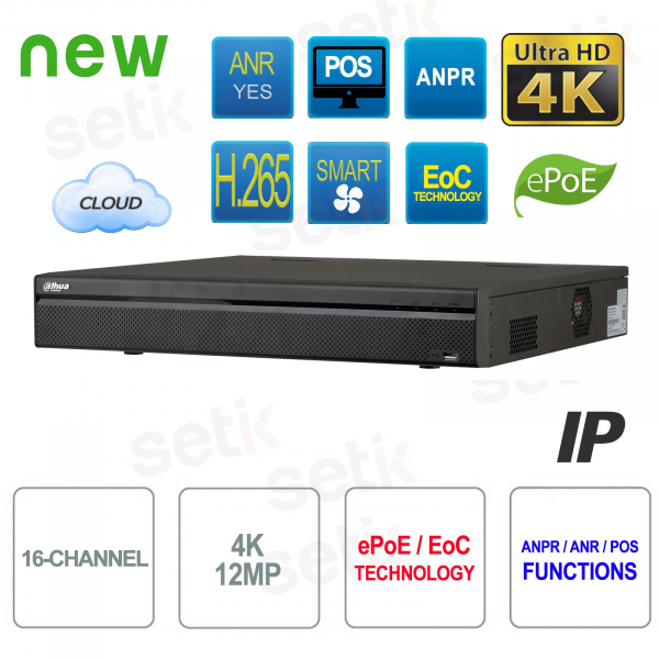 NVR Registratore IP ONVIF® 16 canali 4K&H.265 16PoE ePoE EoC 4HDD Dahua
