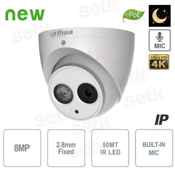 Cámara IP 4K PoE 8MP Dome 2.8mm IR WDR Audio - Dahua