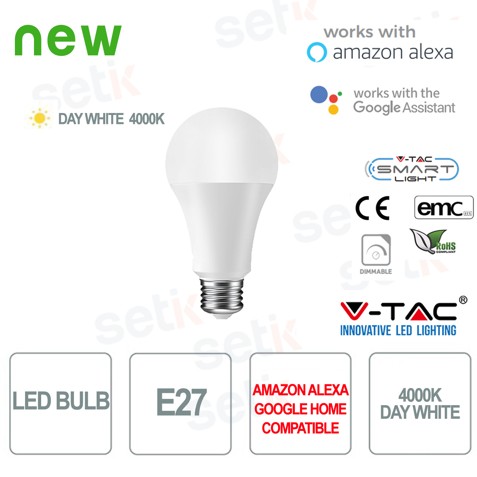 7451 - V-Tac Lampadina Smart LED E27 9W 4000K  Alexa Google