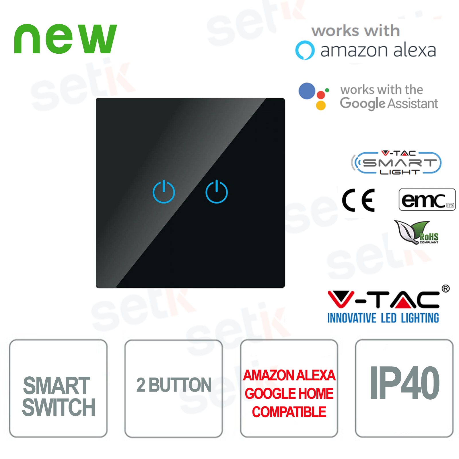 8424 - V-TAC Smart Wireless Interruttore Touch IP40  Alexa Google  Home Bianco 