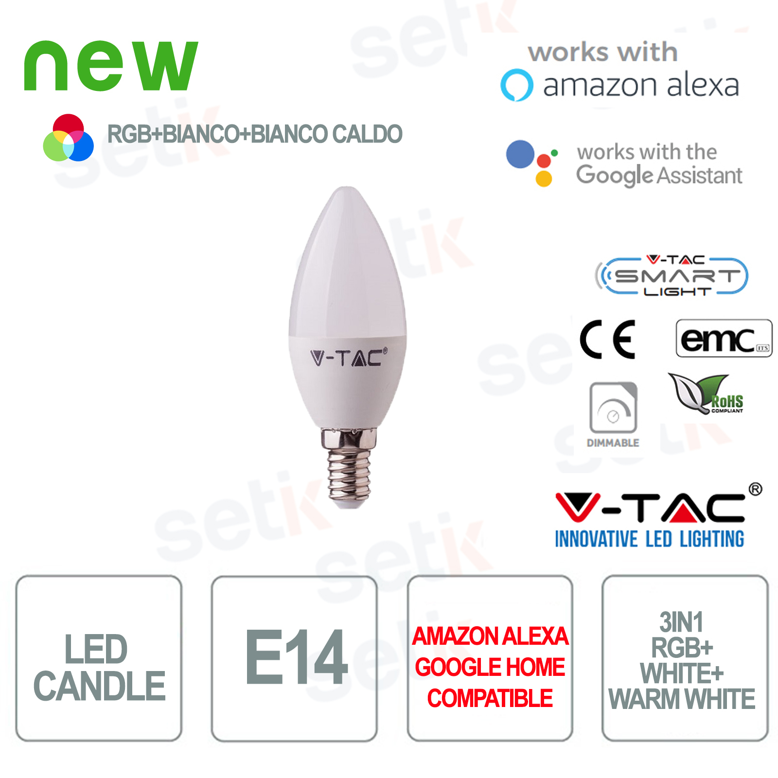 2754 - V-Tac Lampadina Smart LED 3in1 E14 4.5W RGB+2700K+6400K  Alexa  Google Home 