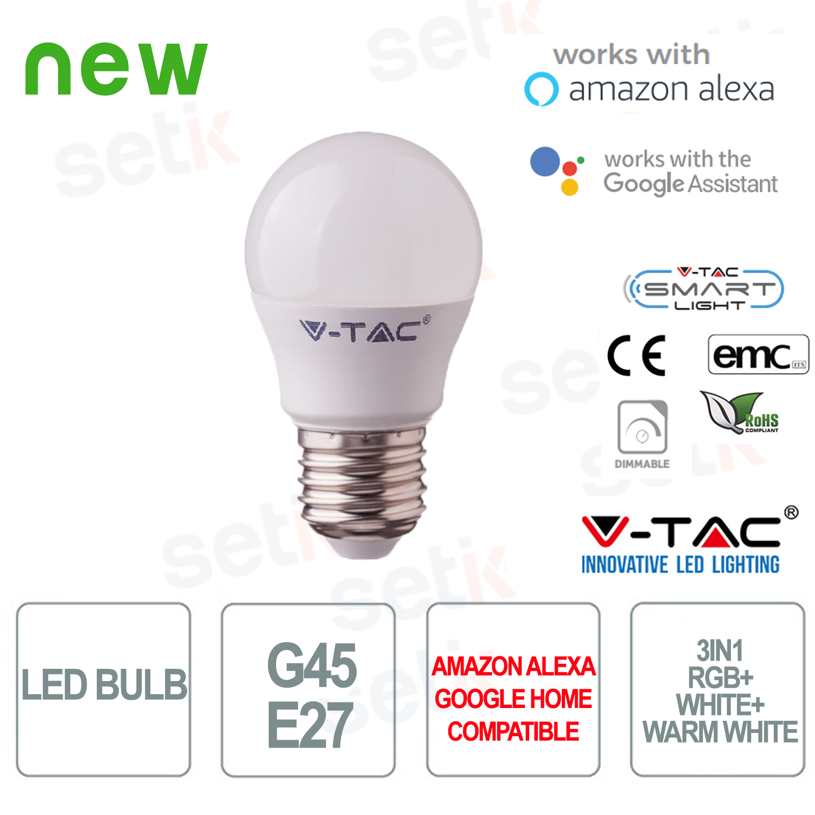 2755 - V-Tac Lampadina Smart LED 3in1 E27 4.5W RGB+2700K+6400K