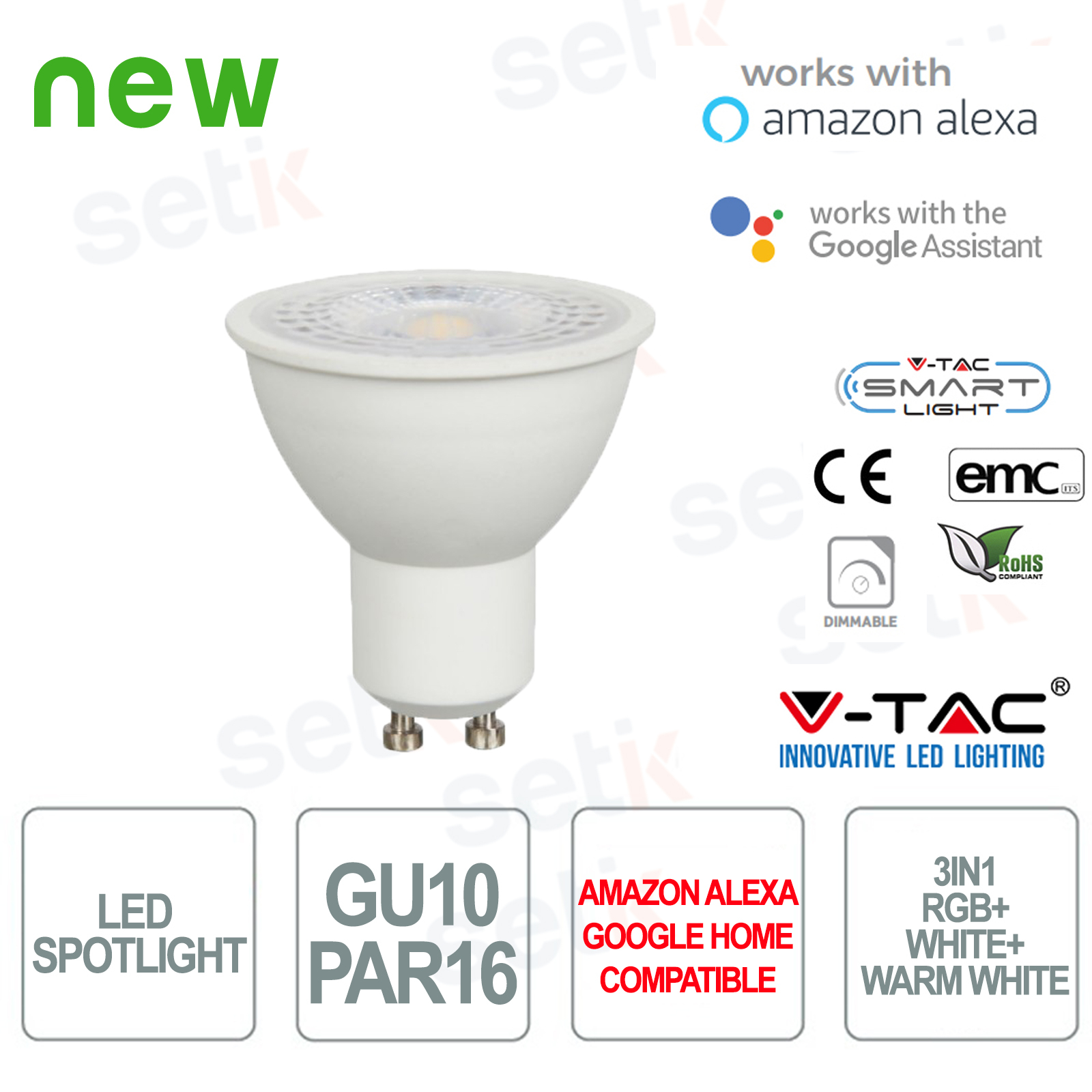 2750 - V-Tac Faretto Smart LED 3in1 GU10 PAR16 RGB+2700K+6400K  Alexa  Google Home 