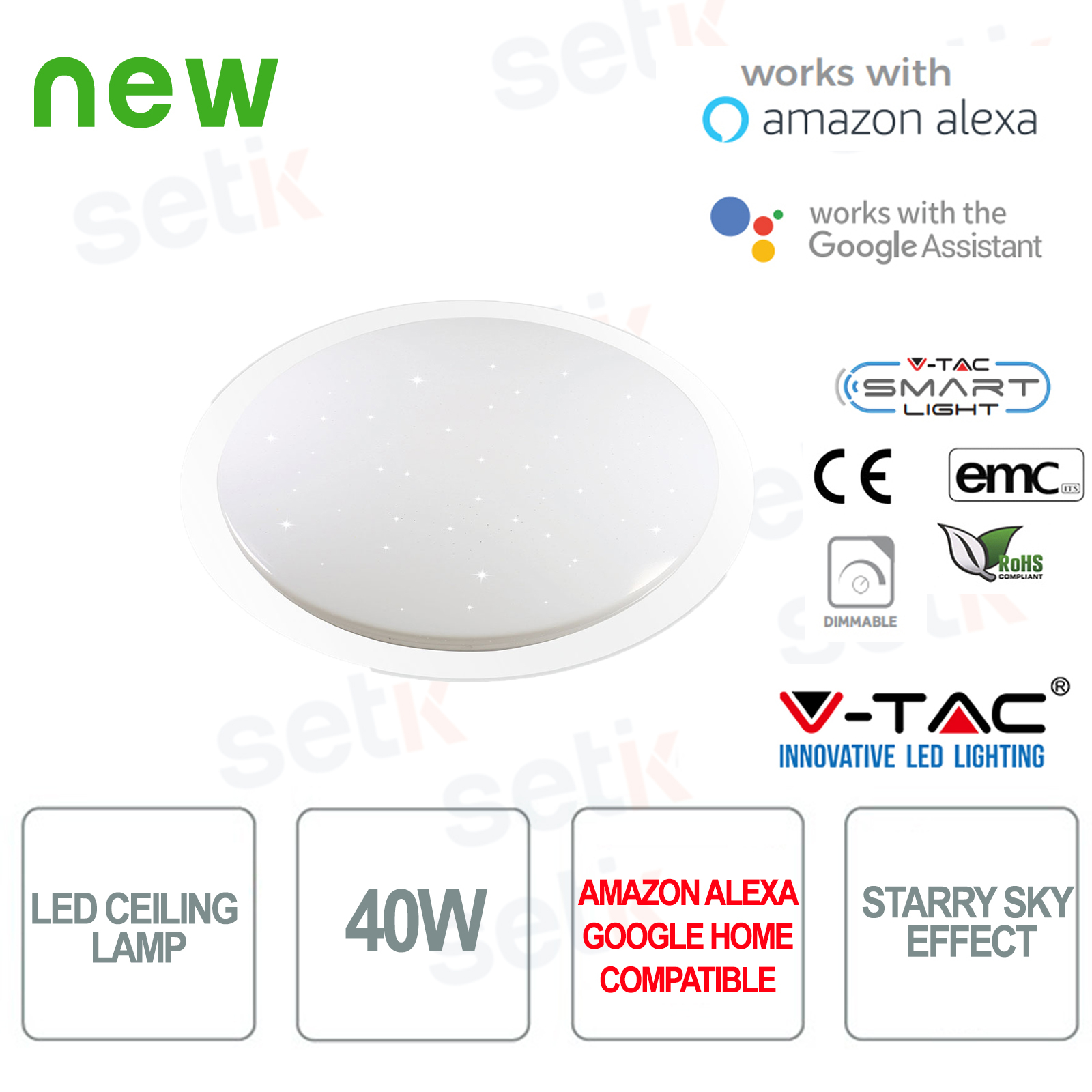1497 - V-Tac Smart LED, lámpara de techo 3in1 40W Starry Sky Effect   Alexa Google 