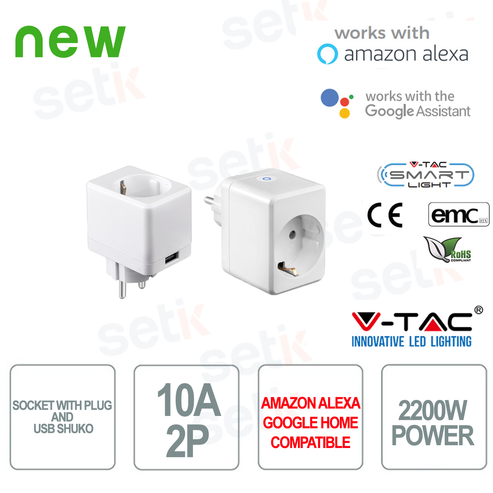 V-Tac Smart Wifi Mini Plug With Usb-Compatible With Alexa & Google