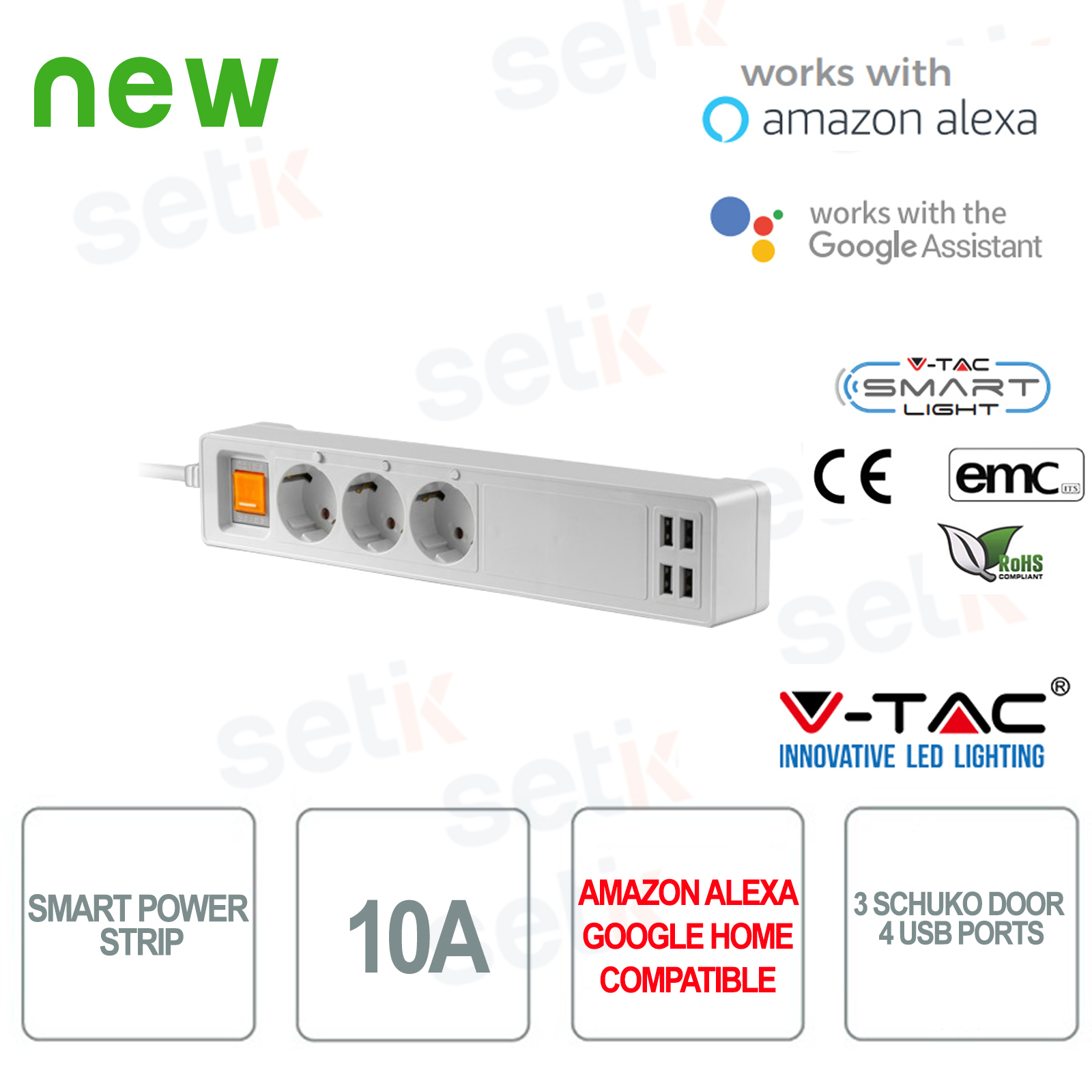 8447 - V-Tac Smart Wireless Power Strip 10A 3 tomas + 3 tomas USB   Alexa Google 
