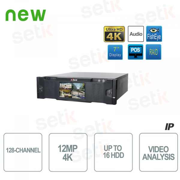 IP NVR 128 canales 4K ULTRA-HD 12MP 16HDD Energía redundante Pantalla LCD de 7 pulgadas Alarma de audio POS - Dahua