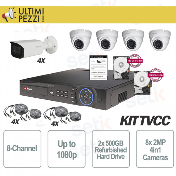 Kit de vidéosurveillance 8 canaux 1080P + 2MP 4in1 + 2 caméras HD 500GB