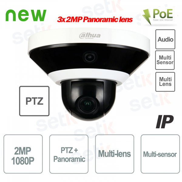 Cámara IP PoE 3x 2MP Multisensor Multilente Panorámica 360° PTZ IR Dahua