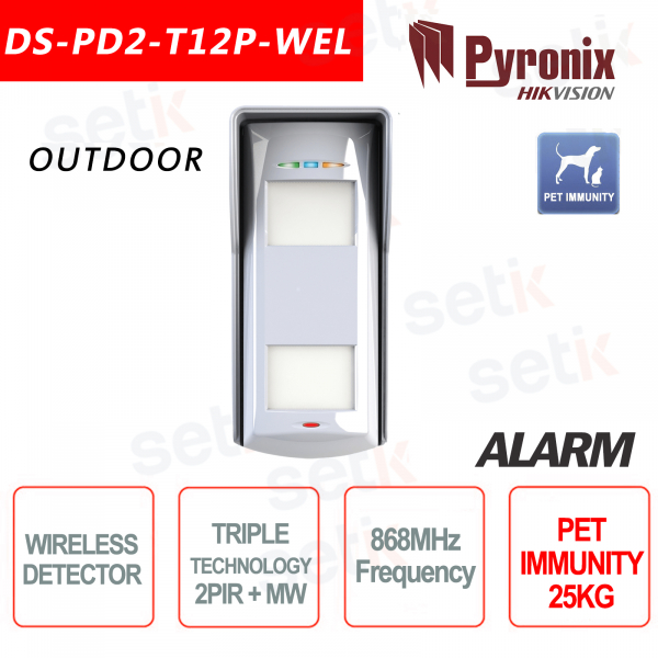 Sensore di movimento esterno tripla tecnologia 2PIR + MW Pet Immune 25KG 868MHz Pyronix Hikvision AXIOM HUB