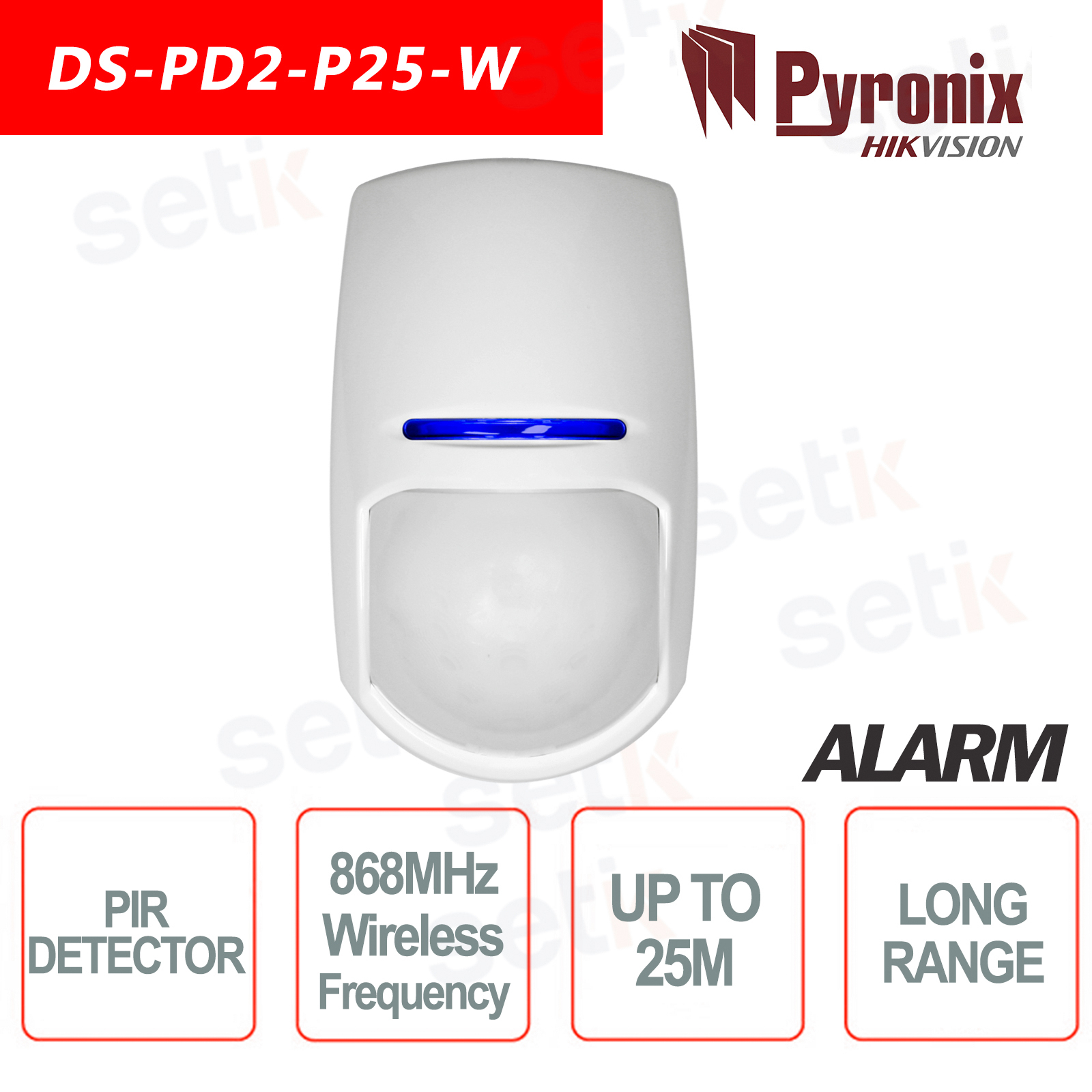 DS-PD2-P25-W - Rilevatore PIR Lunga Portata Wireless 868MHz Hikvision  Pyronix 