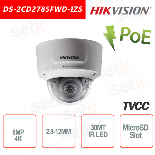 Telecamera Dome Hikvision IP POE 8.0MP 4K 2.8-12mm Audio Allarme IR H.265+ IP67 IK10 5MP