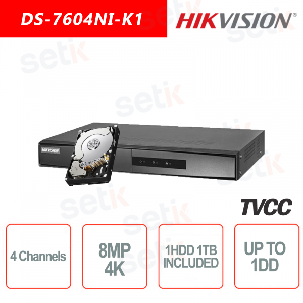 NVR Hikvision 4 Canali 8MP 4K ULTRA HD + HDD 1TB