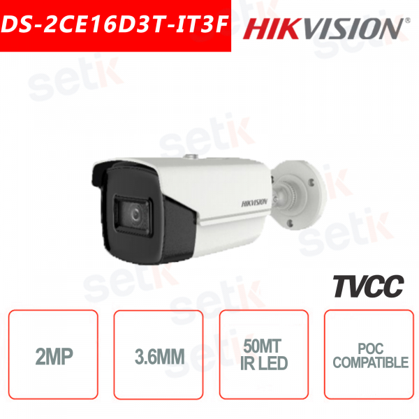 Caméra Hikvision 2MP Bullet HD Turbo HD-TVI 4in1 3,6 mm IR 50