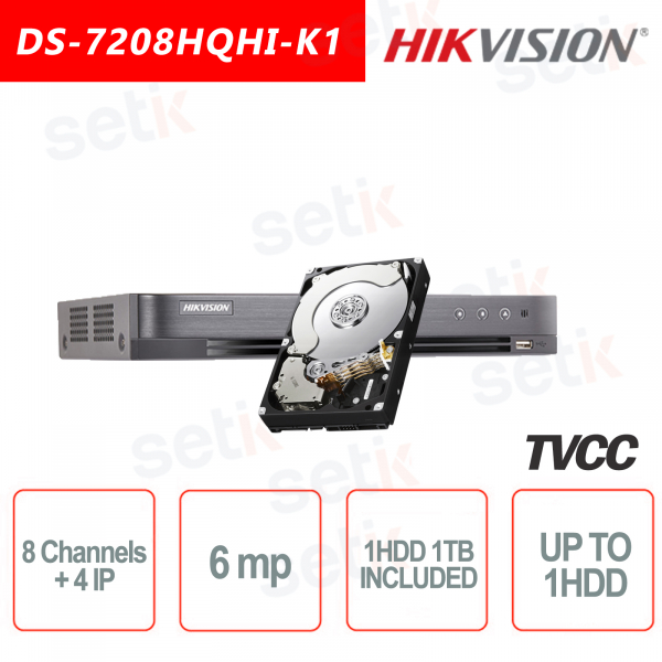 DVR Hikvision 8 Canali HDTVI  + 4 Canali IP 6MP + HDD 1TB Audio