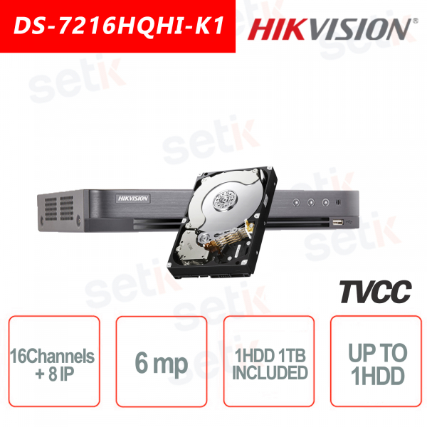 DVR Hikvision 16 canales HDTVI + 8 canales IP 6MP + HDD 1TB A