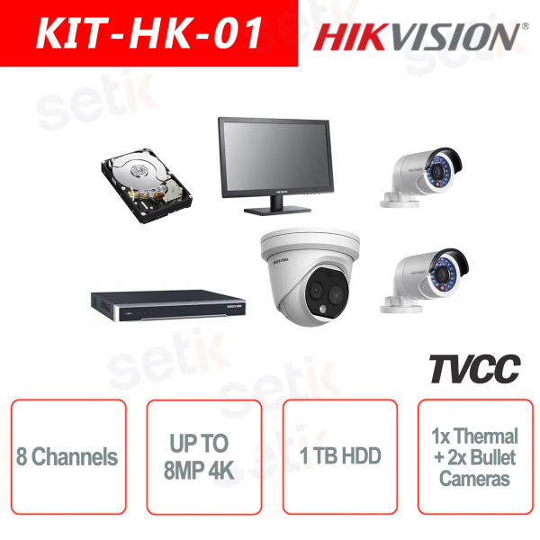 Kit IP 8 canaux 8MP + caméra thermique + disque dur + 2 caméras IP + 1 moniteur Hikvisio