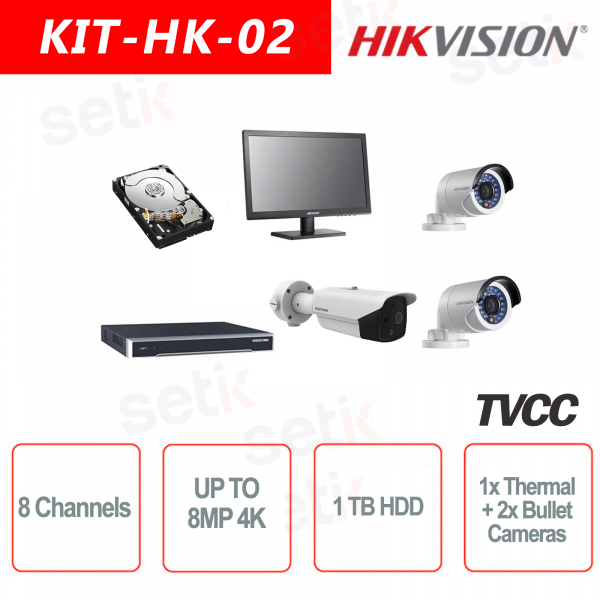 Kit IP 8MP 8 canaux + caméra thermique Bullet + disque dur + 2 caméras IP + 1 moniteur Hikvisio
