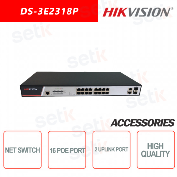 Conmutador Hikvision 16 puertos PoE 10/100 Mbps + 2 puertos Conmutador de red de enlace ascend