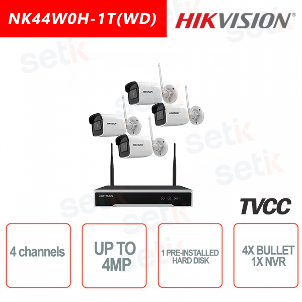Kit IP 4 canaux 4MP WIFI NVR avec disque dur pré-installé + 4 caméras Bullet 4MP avec objectif fixe de 2,
