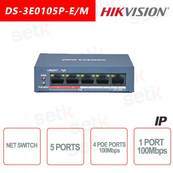 Conmutador Hikvision de 5 puertos ~ 4 puertos PoE de 100 Mbps ~ 1 conmutador de red con puerto Ethernet de 100 Mbps