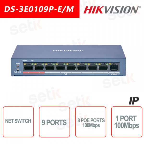 Conmutador Hikvision de 9 puertos ~ 8 puertos PoE de 100 Mbps ~ 1 puerto Ethernet Conmutador de red de 100 Mbps