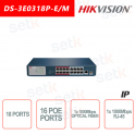 Switch Hikvision 18 Porte ~ 16 Porte PoE 100Mbps ~ 1 Porta RJ-45100 Mbps ~ 1 Porta Fibra Ottica 1000Mbps Switch rete