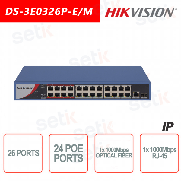 Switch Hikvision 26 Puertos ~ 24 Puertos PoE 100Mbps ~ 1 Puerto RJ-45100 Mbps ~ 1 Puerto Switch de Red Fibra Óptica 1000Mbps