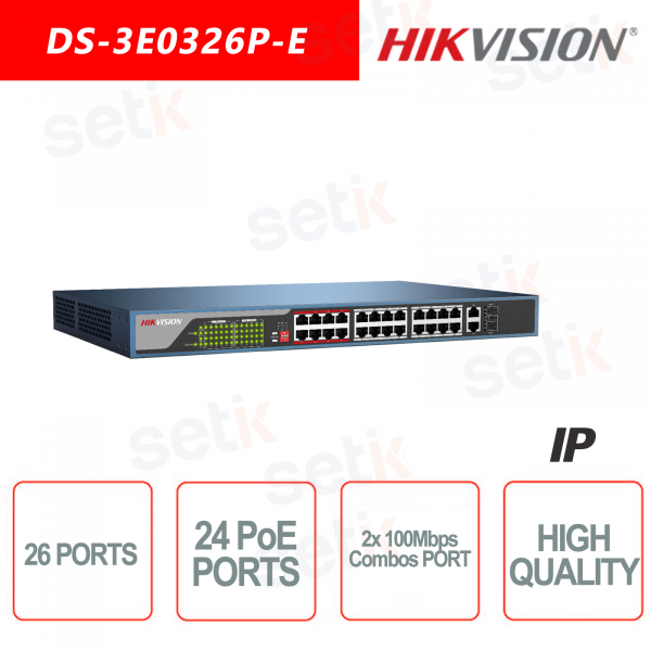 Commutateur Hikvision 26 ports ~ 24 ports PoE 100 Mbps ~ 2 ports Combo Commutateur réseau 100 Mbps
