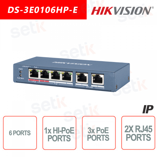 6-Port-Hikvision-Switch ~ 1 HI-PoE-Port ~ 3 PoE-Ports ~ 2 RJ45-Ports Netzwerk-Switch