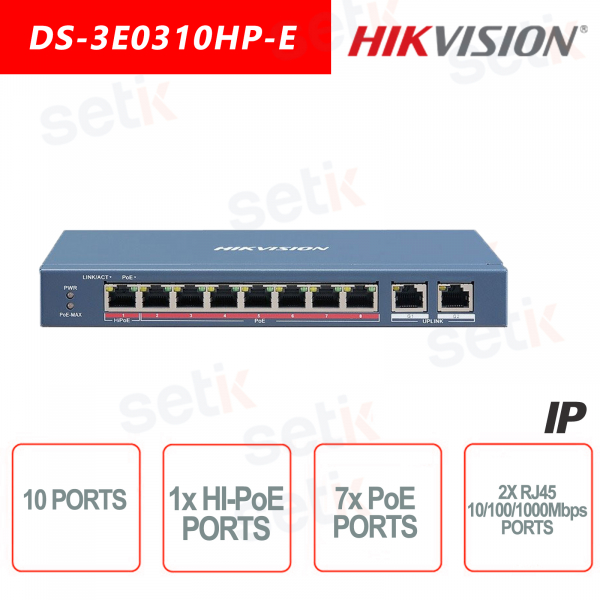 Commutateur Hikvision 10 ports ~ 1 port HI-PoE ~ 7 ports PoE ~ 2 commutateurs réseau RJ45 10/100 / 1000Mbps