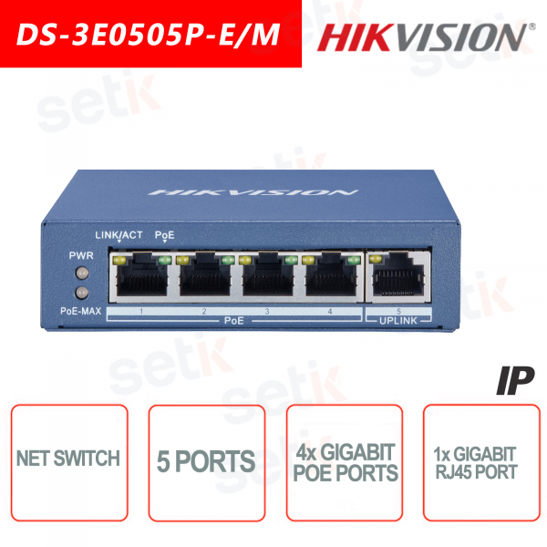 Hikvision 5 Ports Switch ~ 4 Gigabit PoE Ports ~ 1 RJ45 Gigabit Network Switch Port