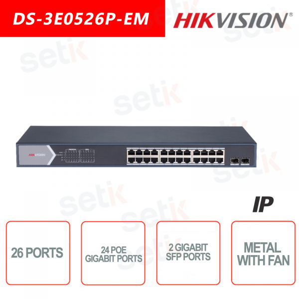 Switch Hikvision 26 Porte ~ 24 Porte Gigabit PoE ~ 2 Porte Gigabit SFP Fibra Ottica Switch rete