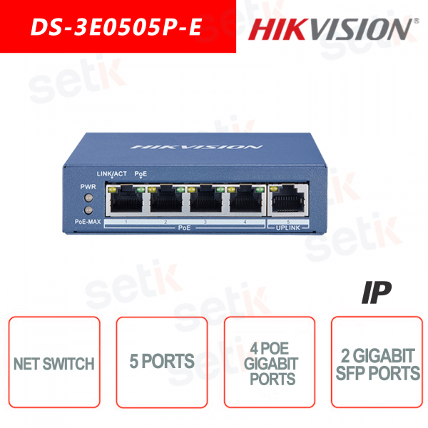 5 Port Hikvision Switch ~ 4 Gigabit PoE Ports - 1 RJ45 Port Gigabit Network Switch