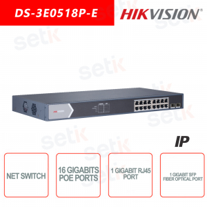 18 Port Hikvision Switch ~ 16 Gigabit PoE Port ~ 1 Gigabit RJ45 Port ~ 1 Gigabit SFP Port Network Switch