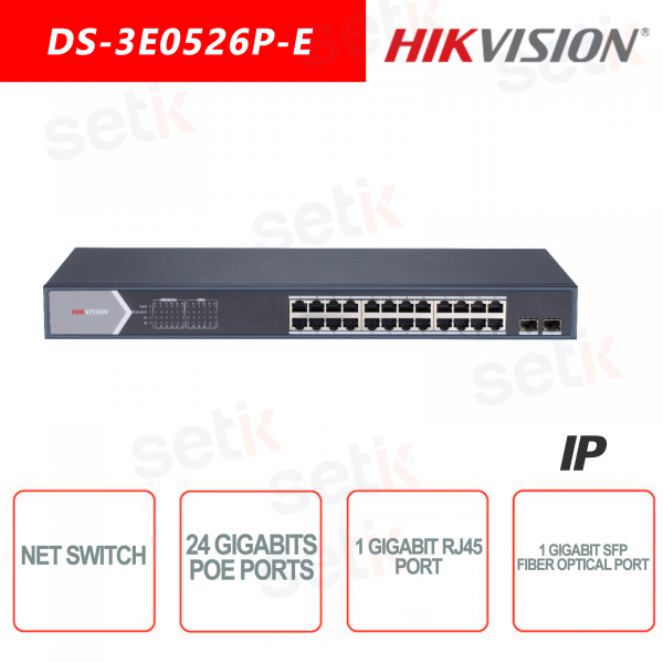 Switch Hikvision 26 Porte ~ 24 Porte Gigabit PoE ~ 1 Porta Gigabit SFP Fibra Ottica ~ 1 Porta Gigabit RJ45 Switch rete
