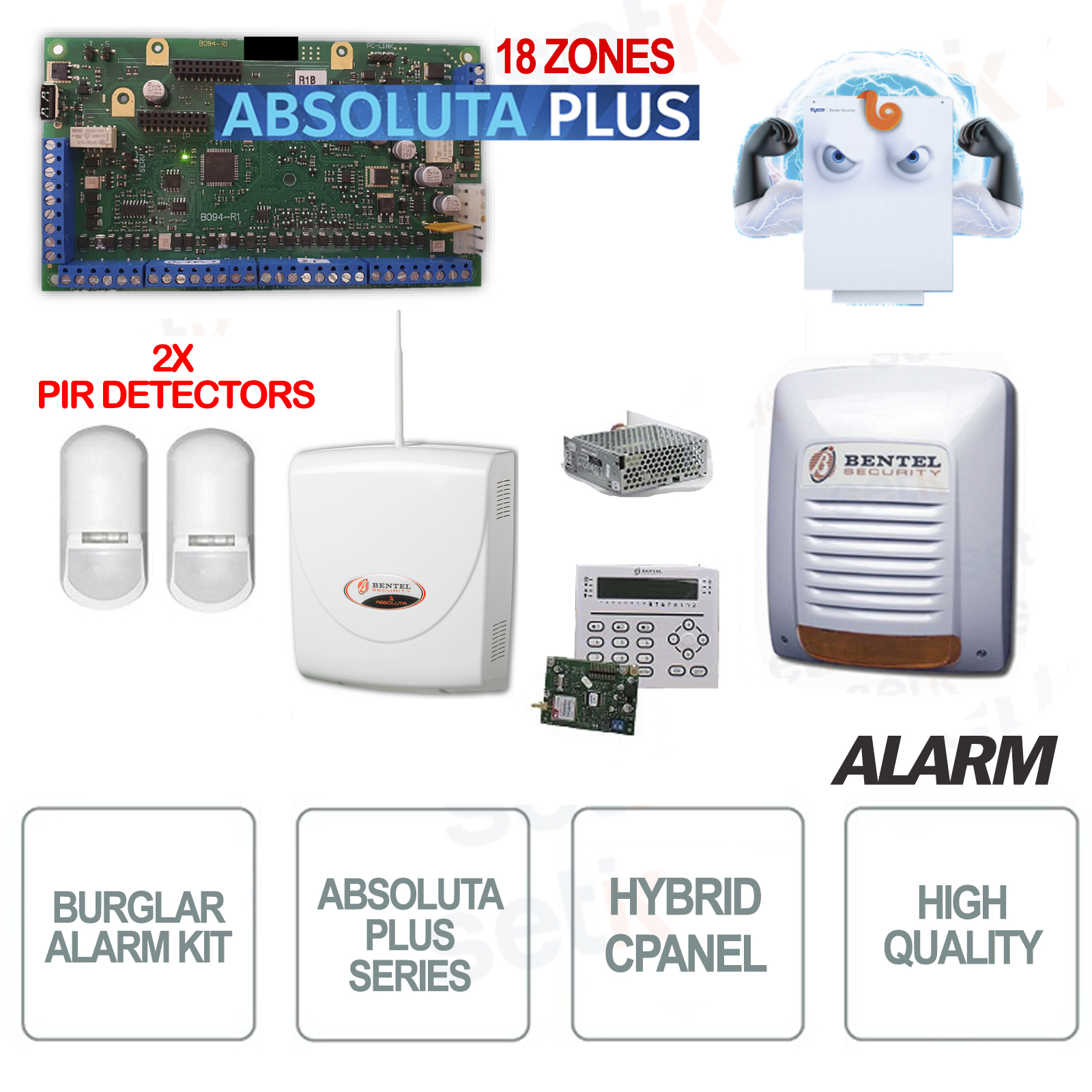 Abspluskit 18 Kit Centrale Allarme Filare Antifurto Bentel Absoluta Plus 18 Zone Sensori Allarme Setik Biz