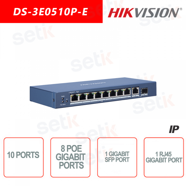 10 Port Hikvision Switch ~ 8 Gigabit PoE Ports - 1 Gigabit RJ45 Port ~ 1 SFP Fiber Optic Port Network Switch