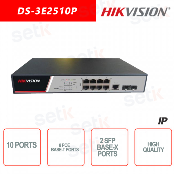 Commutateur Hikvision 8 ports PoE 10/100 / 1000Base-T - 2 ports SFP 1000Base-X - 1 commutateur réseau de port de console