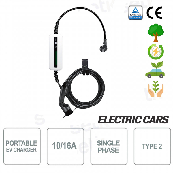 Chargeur portable EV pour voitures électriques type 2 Monophasé 16A Shuko 5MT Blanc - S