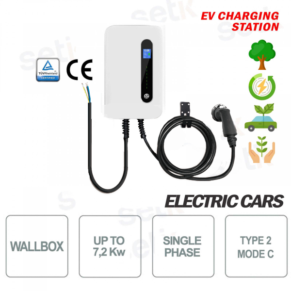 WallBox EV Charging Station Electric Cars LCD Single Phase 32A 7.2Kw Cable