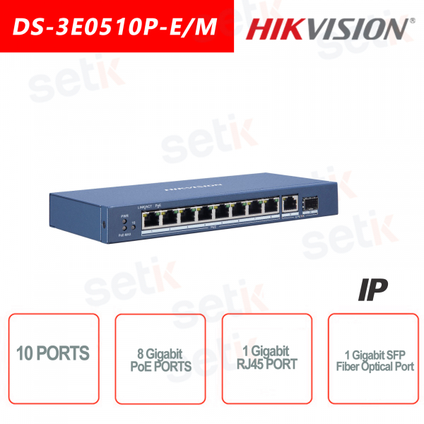 10-Port-Hikvision-Switch ~ 8 Gigabit-PoE-Ports ~ 1 Gigabit-RJ45-Port ~ 1 SFP-Glasfaser-Port-Netzwerk-Switch