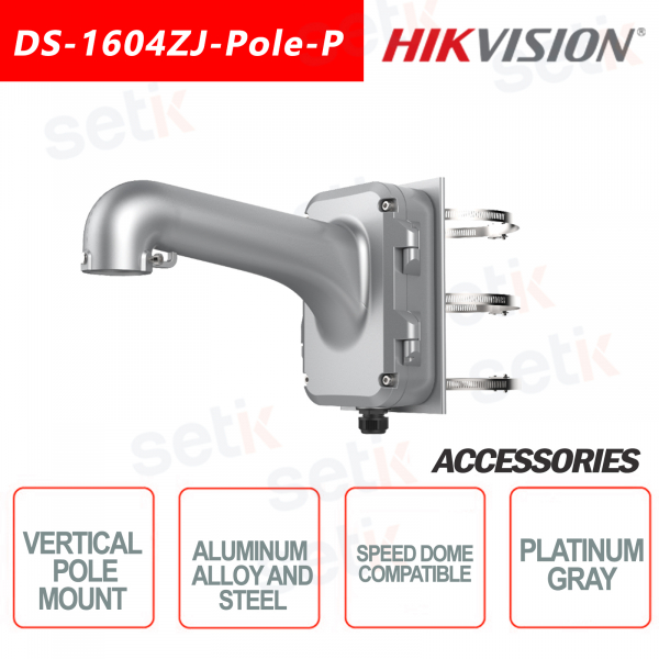 Vertical support for pole mounting in aluminum alloy and steel for speed dome cameras, Platinum Gray. Hikvision