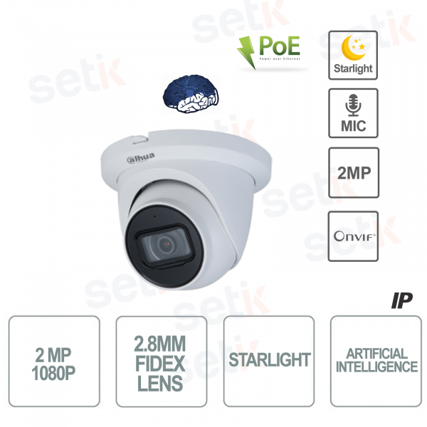 Caméra IP AI ONVIF® PoE 2MP 2.8mm Starlight Dome Microphone Dahua