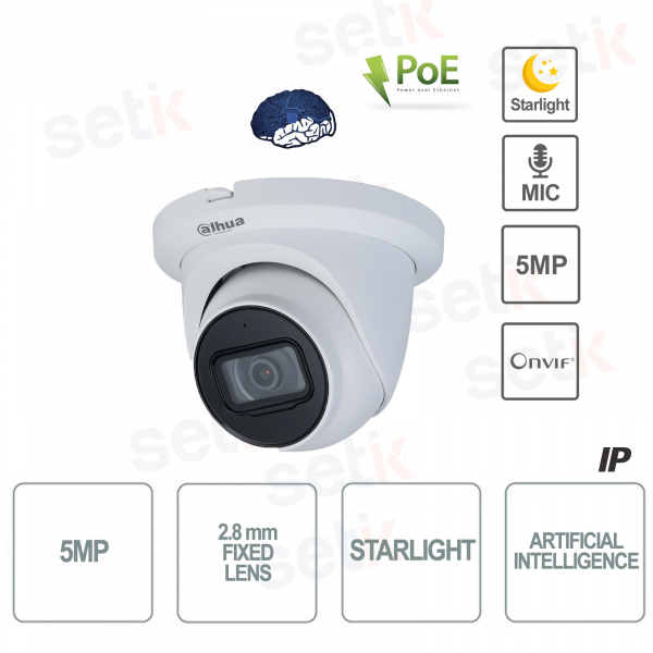 Cámara IP AI ONVIF® PoE 5MP 2.8mm Starlight Dome Micrófono Dahua