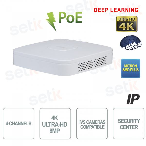Enregistreur IP Dahua NVR 4 canaux PoE 4K 8MP pour caméras de vidéosurveillance